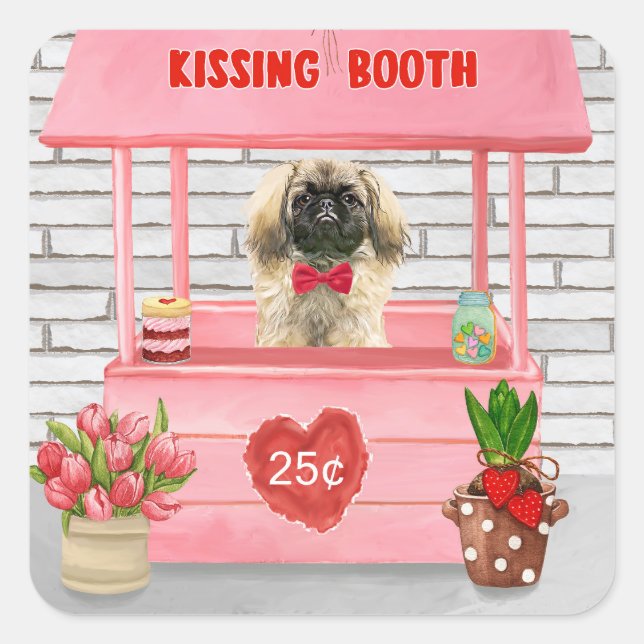 Pekingese Dog Valentine's Day Kissing Booth Quadratischer Aufkleber (Vorderseite)