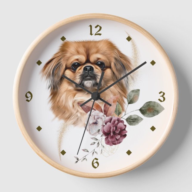 Pekingese Dog Winter Bouquet Clock Uhr (Vorderseite)