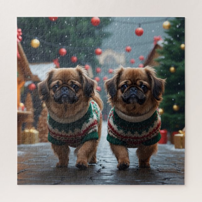 Pekingese Dogs Christmas Snow Holiday Puzzle (Vertikal)