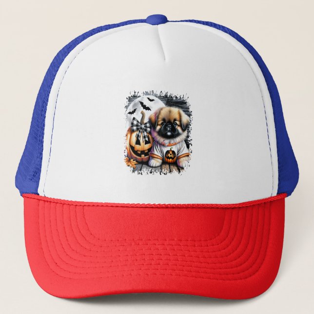 Pekingese-Hund Halloween-Platz Truckerkappe (Vorderseite)