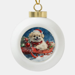 Pekingese Hund im Schlitten Lass es schneien Weihn Keramik Kugel-Ornament