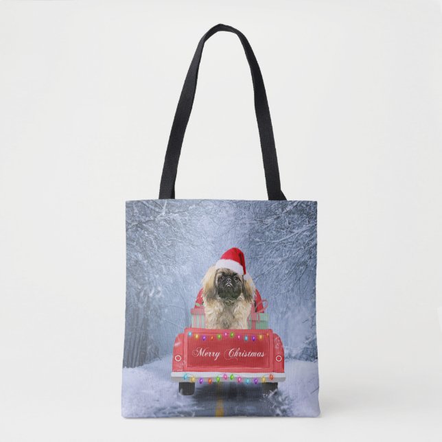 Pekingese Hund im Schnee sitzend im Weihnachtswage (Vorderseite)