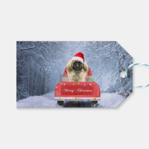 Pekingese Hund im Schnee sitzend im Weihnachtswage Geschenkanhänger