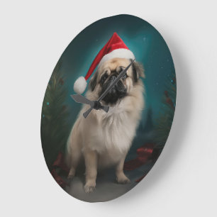 Pekingese Hund im Schnee Weihnachten Große Wanduhr