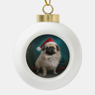 Pekingese Hund im Schnee Weihnachten Keramik Kugel-Ornament