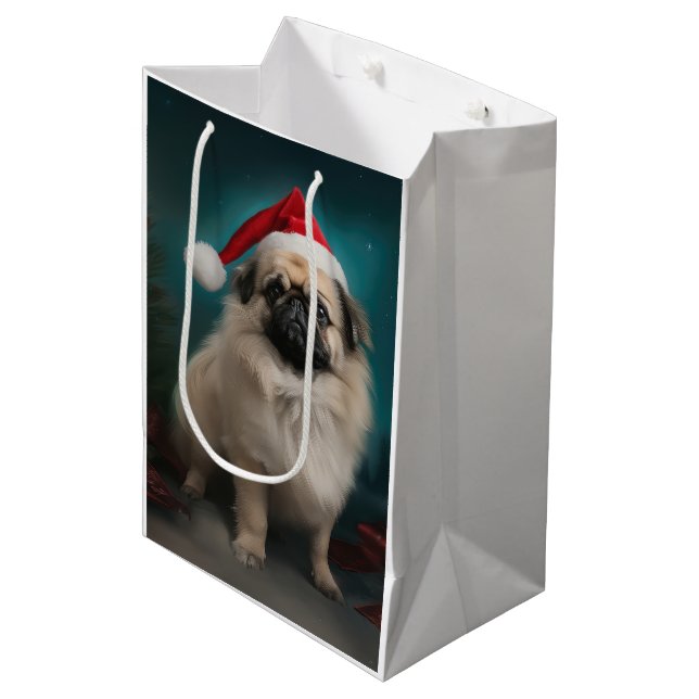 Pekingese Hund im Schnee Weihnachten Mittlere Geschenktüte (Vorderseite Schrägansicht)