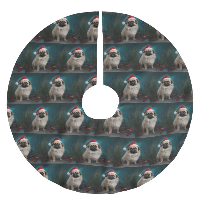 Pekingese Hund im Schnee Weihnachten Polyester Weihnachtsbaumdecke (Vorderseite)