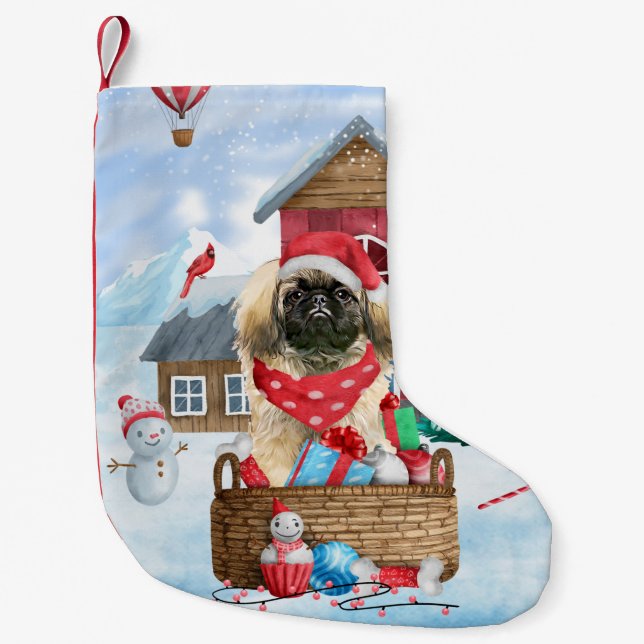 Pekingese Hund im Schnee Weihnachts-Hund Haus Thro Kleiner Weihnachtsstrumpf (Vorderseite)