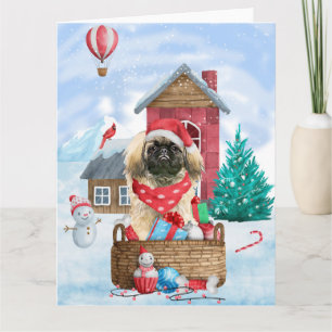 Pekingese Hund im Schnee Weihnachtshaus Karte