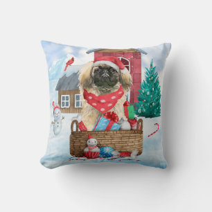 Pekingese Hund im Schnee Weihnachtshaus Kissen