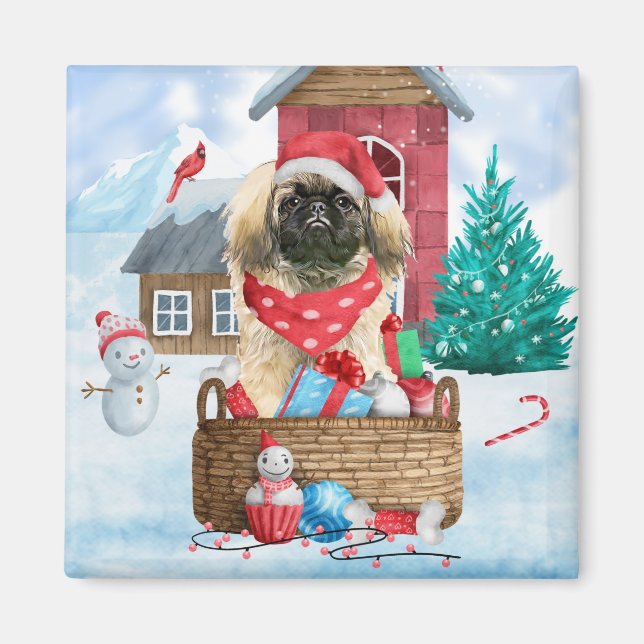 Pekingese Hund im Schnee Weihnachtshaus Magnet (Vorne)