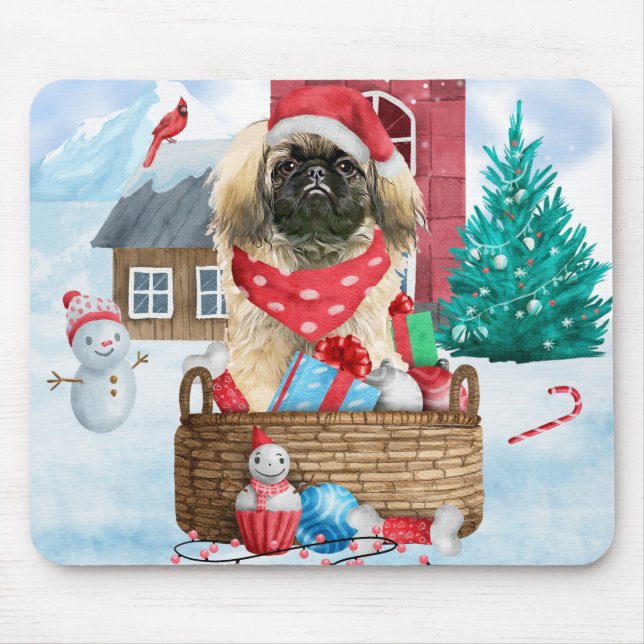 Pekingese Hund im Schnee Weihnachtshaus Mousepad (Vorne)