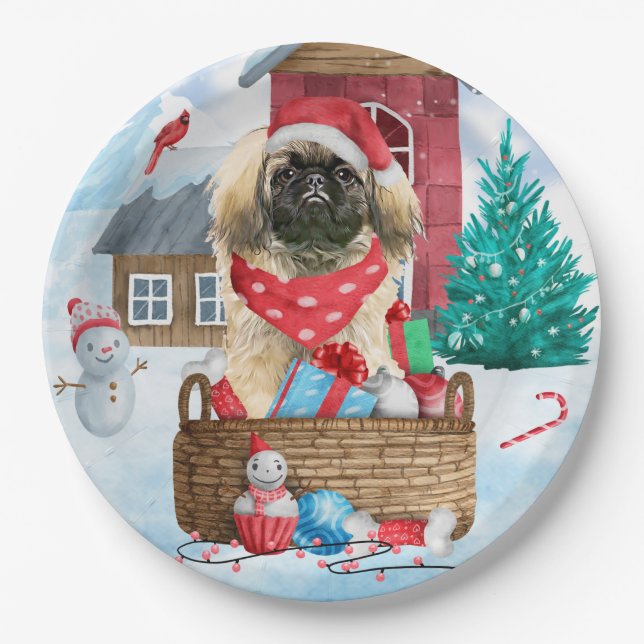 Pekingese Hund im Schnee Weihnachtshaus Pappteller (Vorderseite)