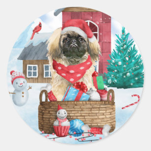 Pekingese Hund im Schnee Weihnachtshaus Runder Aufkleber