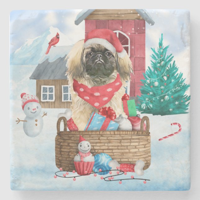 Pekingese Hund im Schnee Weihnachtshaus Steinuntersetzer (Vorderseite)