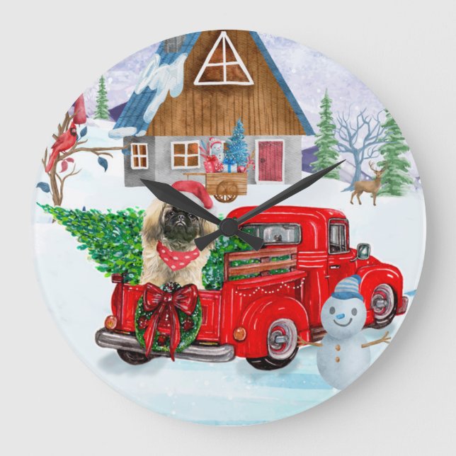 Pekingese Hund in der Weihnachtslieferung LKW Schn Große Wanduhr (Vorderseite)