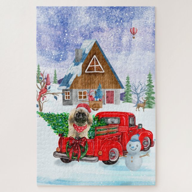 Pekingese Hund in der Weihnachtslieferung LKW Schn Puzzle (Vertikal)