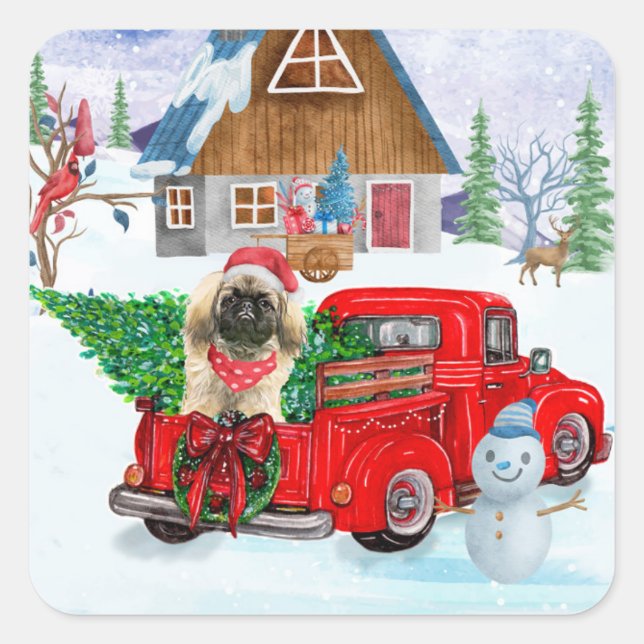Pekingese Hund in der Weihnachtslieferung LKW Schn Quadratischer Aufkleber (Vorderseite)