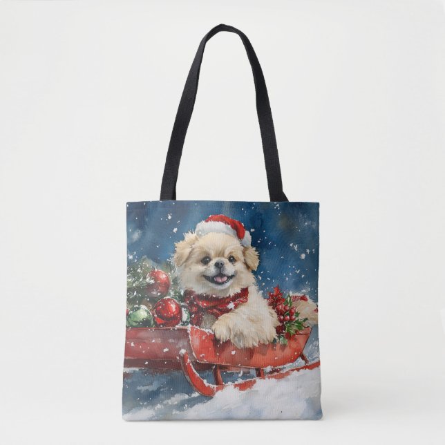 Pekingese Hund in Sledge Lass es Schnee Weihnachte (Vorderseite)