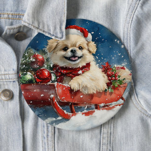 Pekingese Hund in Sledge Lass es Schnee Weihnachte Button