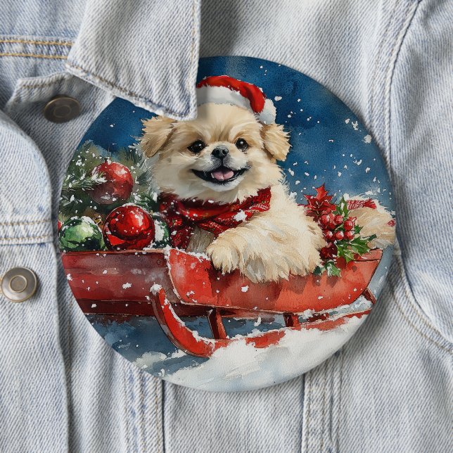 Pekingese Hund in Sledge Lass es Schnee Weihnachte Button (Beispiel)