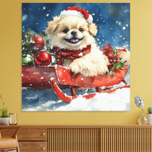 Pekingese Hund in Sledge Lass es Schnee Weihnachte Leinwanddruck