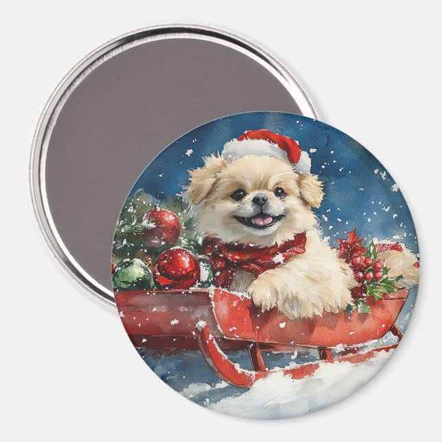 Pekingese Hund in Sledge Lass es Schnee Weihnachte Magnet (Vorderseite/Rückseite)