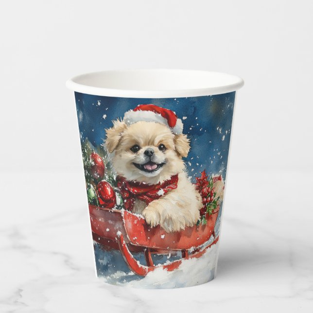Pekingese Hund in Sledge Lass es Schnee Weihnachte Pappbecher (Vorderseite)