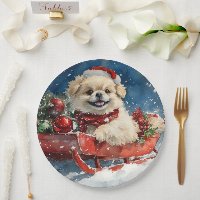 Pekingese Hund in Sledge Lass es Schnee Weihnachte Pappteller (Hochzeit)