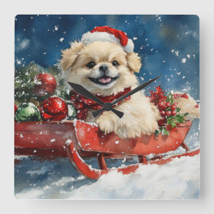 Pekingese Hund in Sledge Lass es Schnee Weihnachte Quadratische Wanduhr