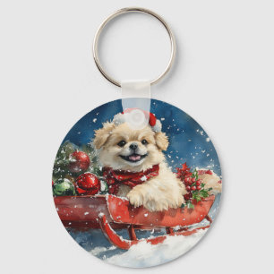Pekingese Hund in Sledge Lass es Schnee Weihnachte Schlüsselanhänger