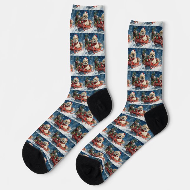 Pekingese Hund in Sledge Lass es Schnee Weihnachte Socken (Linkes Detail)