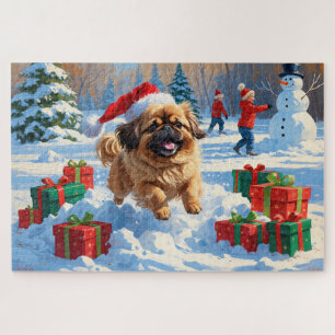 Pekingese Hund läuft im Schnee mit Weihnachtshut Puzzle