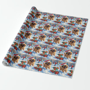 Pekingese-Hund läuft im Schnee mit Weihnachtsmütze Geschenkpapier