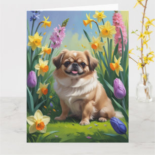 Pekingese-Hund malt Blumen im Frühling  Karte