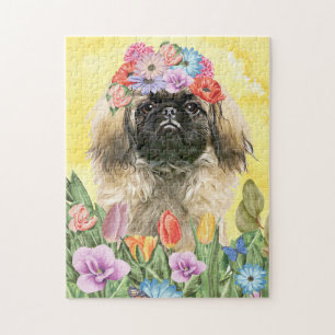 Pekingese Hund mit Blume Frühjahr Puzzle