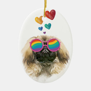 Pekingese Hund mit Herzen Valentinstag Keramik Ornament