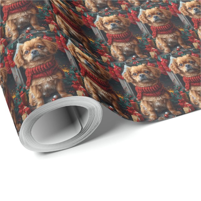 Pekingese Hund mit Weihnachtsgeschenken Feuerplatz Geschenkpapier (Rolleneckpunkt)