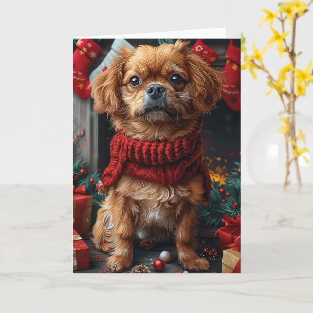 Pekingese Hund mit Weihnachtsgeschenken Feuerplatz Karte (Gelbe Blume)