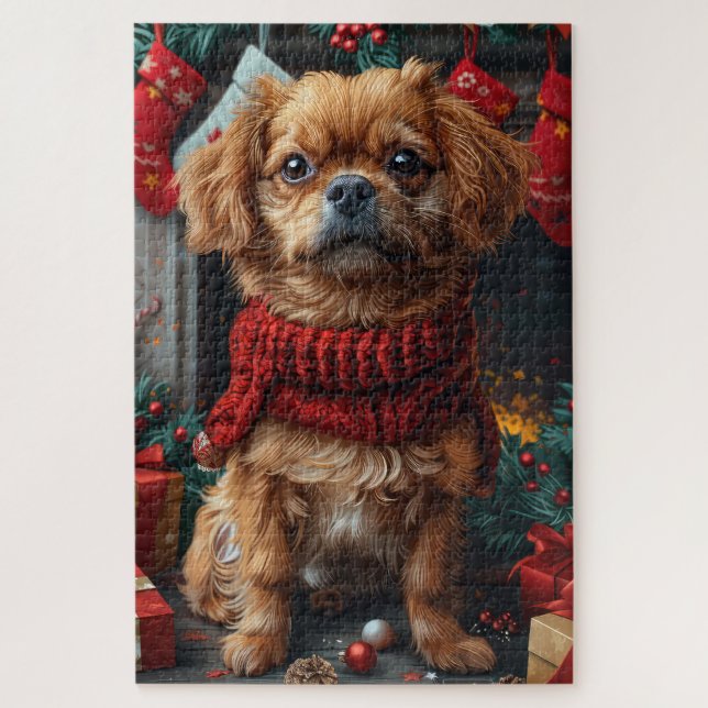 Pekingese Hund mit Weihnachtsgeschenken Feuerplatz Puzzle (Vertikal)