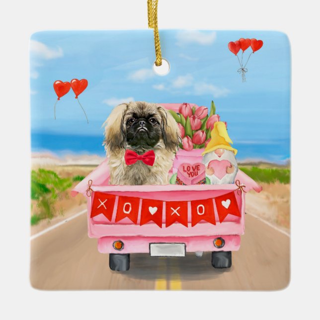 Pekingese Hund Valentinstag Lkw Herz Keramikornament (Vorderseite)