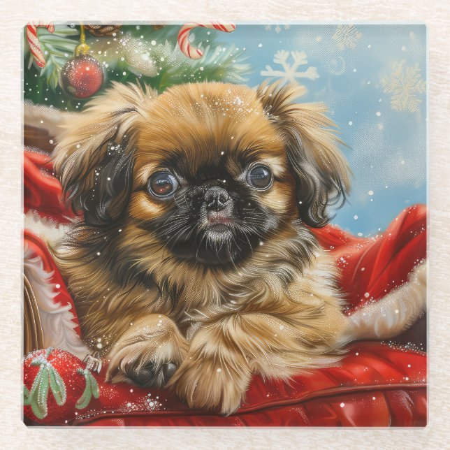 Pekingese Hund Weihnachten Glasuntersetzer (Vorderseite)
