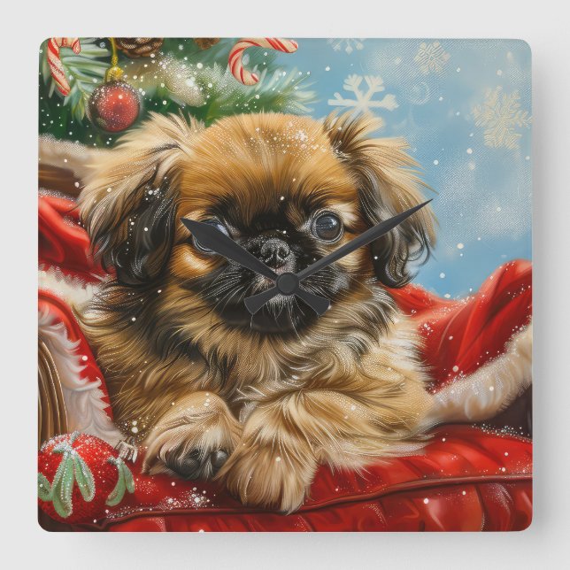 Pekingese Hund Weihnachten Quadratische Wanduhr (Vorderseite)