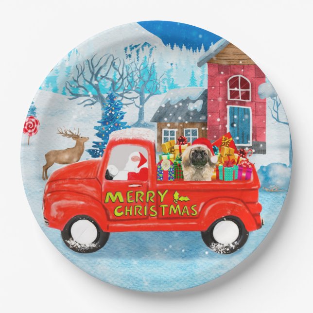 Pekingese Hund Weihnachtslieferung LKW Schnee Pappteller (Vorderseite)