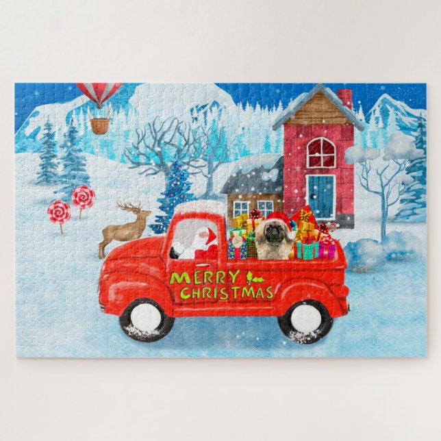 Pekingese Hund Weihnachtslieferung LKW Schnee Puzzle (Horizontal)