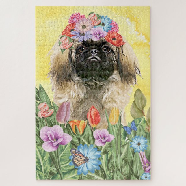 Pekingese Hunde Blume Puzzle (Vertikal)
