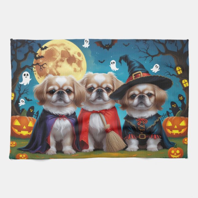 Pekingese Hunde Pumpkin Halloween Funny Geschirrtuch (Horizontal)