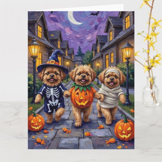 Pekingese Hunde Trick-oder-Treating Halloween-Kost Karte (Gelbe Blume)