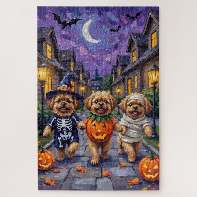 Pekingese Hunde Trick-oder-Treating Halloween-Kost Puzzle (Vertikal)