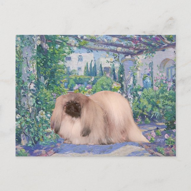 Pekingese im Blumengarten Postkarte (Vorderseite)